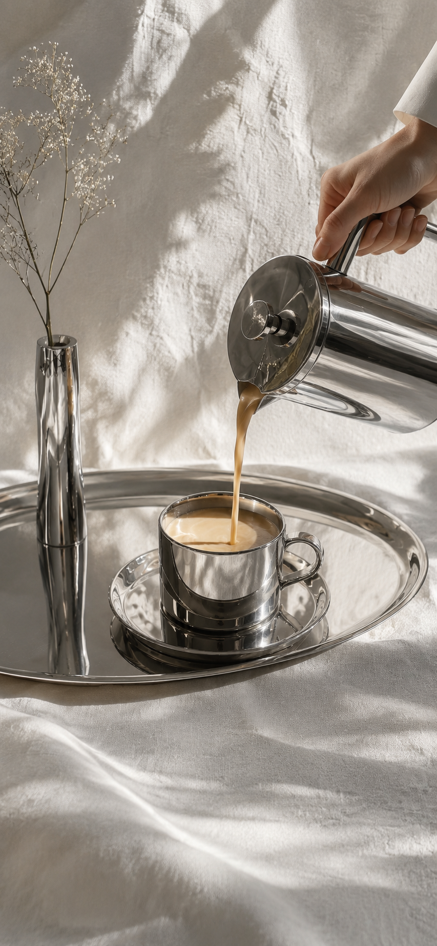 Coffee being poured into a polished silver cup